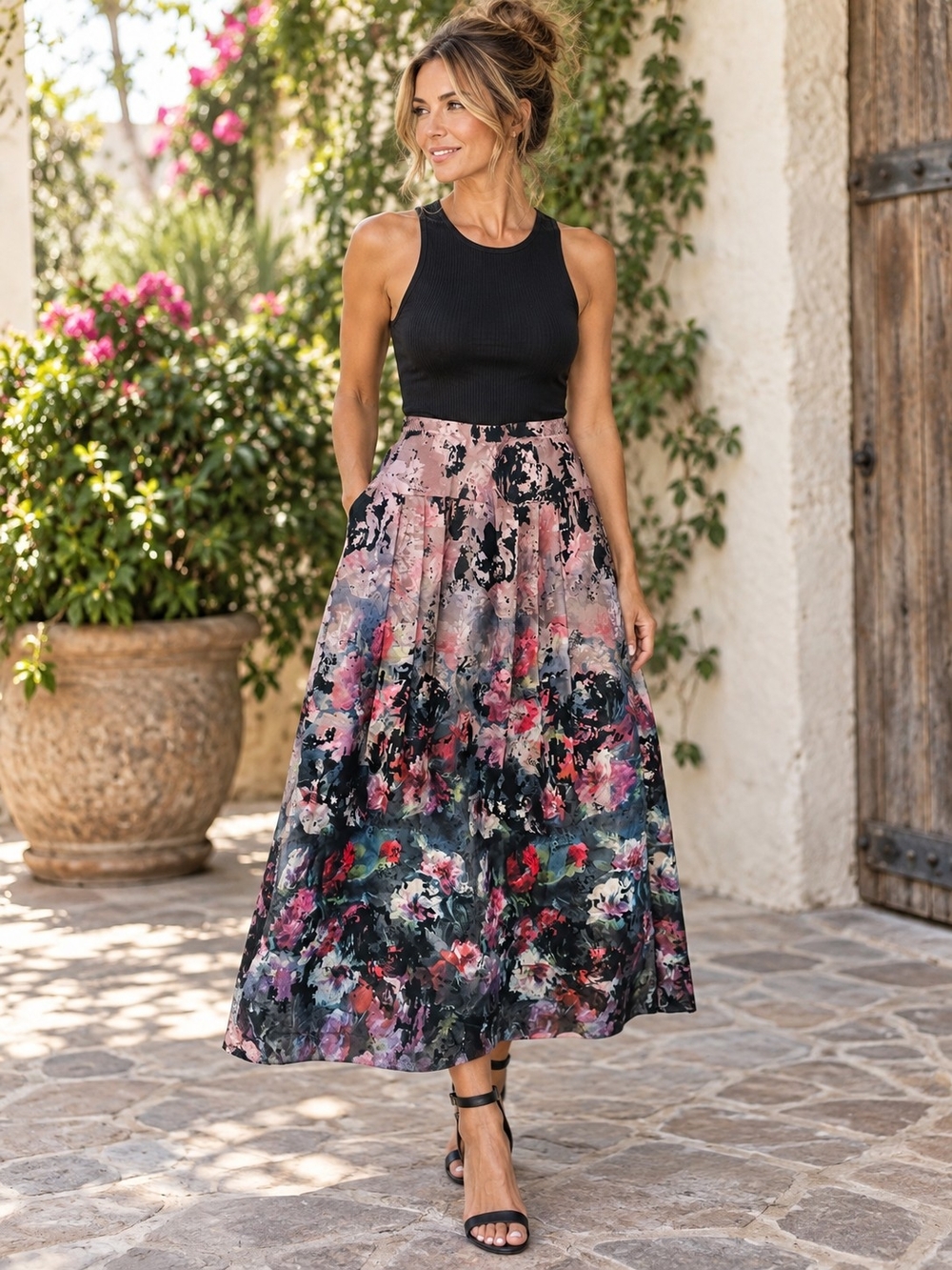 Soft Surroundings Metallic Floral Tapestry Maxi Skirt Medium Pleated Lined